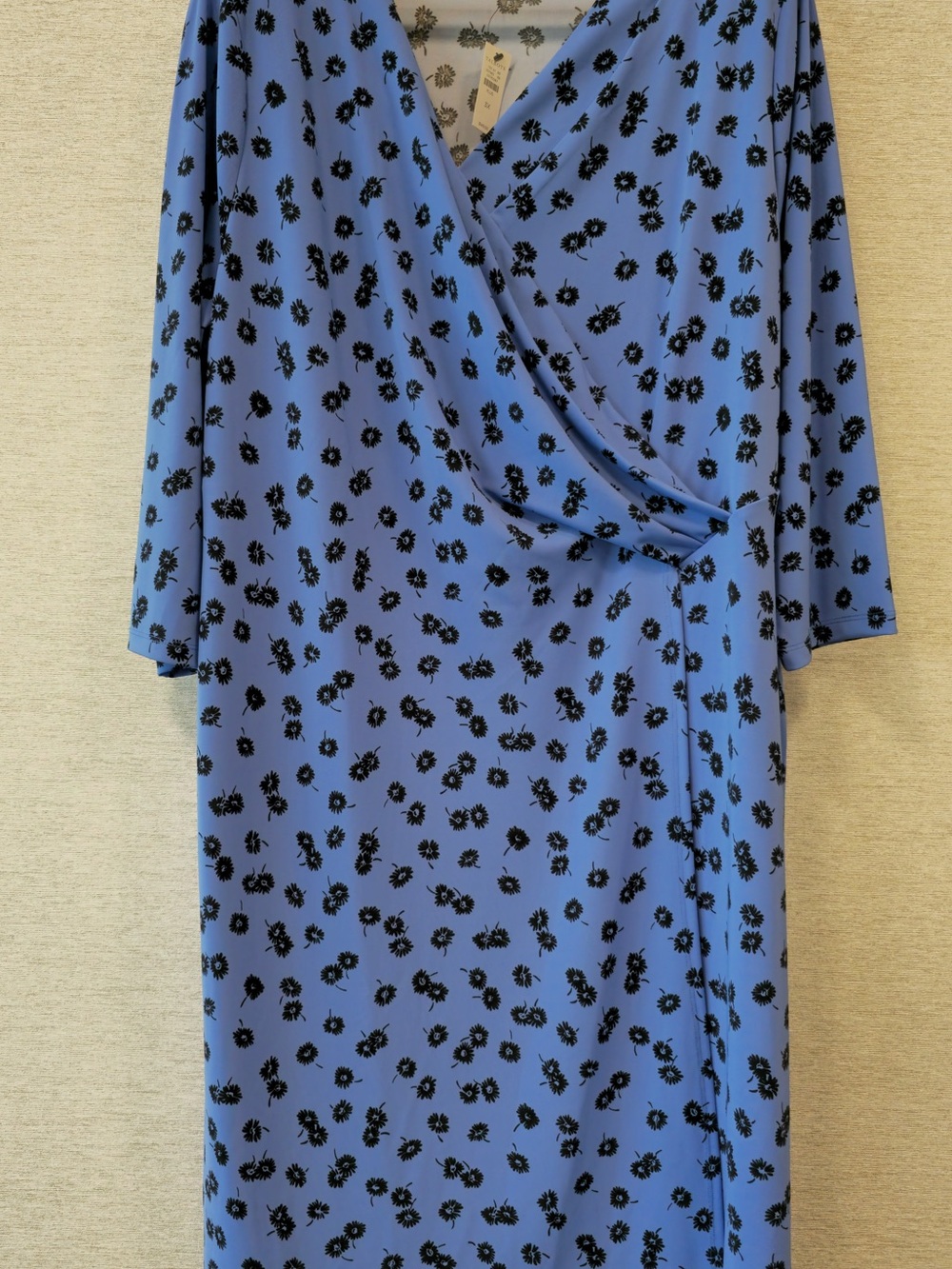 Talbots Periwinkle Blue Faux-Wrap Midi Dress with Black Floral Print